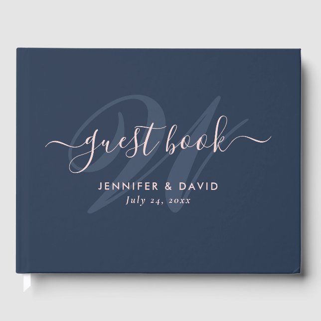 Modern Script Navy Blue and Blush Monogram Wedding Guest Book (Front)