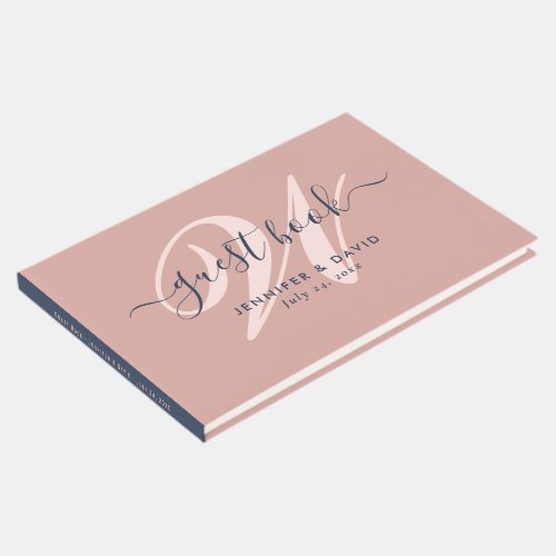 Modern Script Navy Blue and Blush Monogram Wedding Guest Book