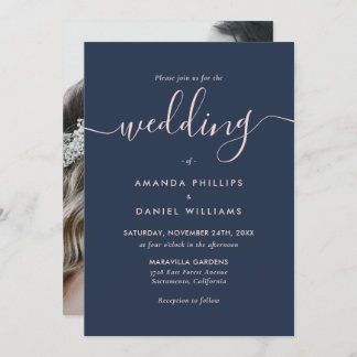 Modern Script Navy Blue and Blush Photo Wedding Invitation