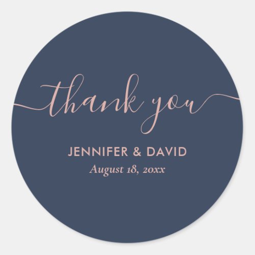 Modern Script Navy Blue and Blush Thank You Classic Round Sticker