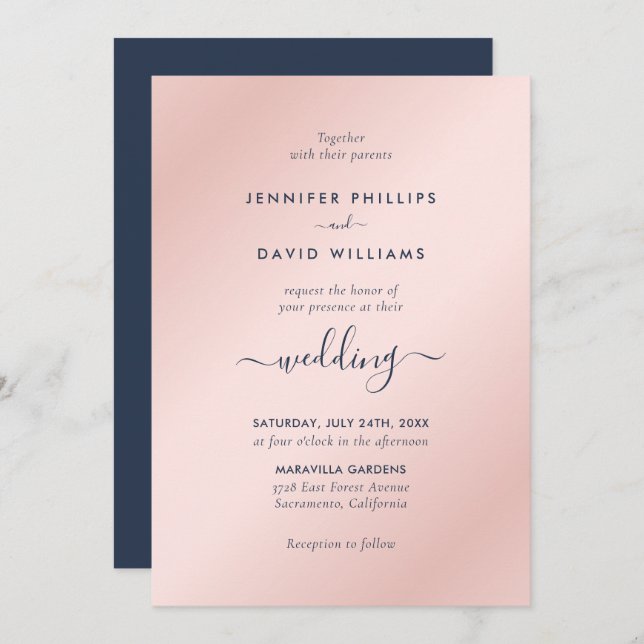 Modern Script Navy Blue and Blush Wedding Invitation (Front/Back)