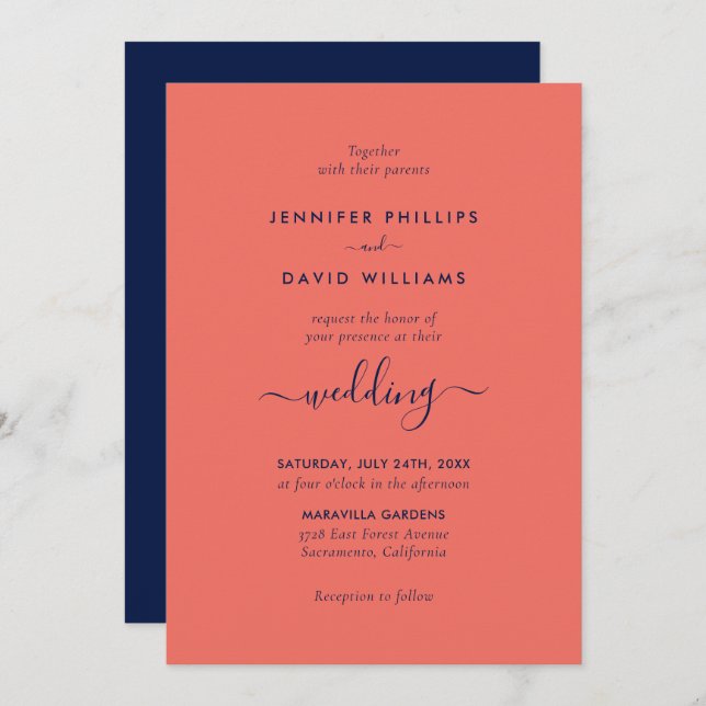 Modern Script Navy Blue and Coral Wedding Invitation (Front/Back)