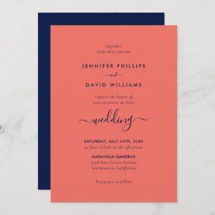 Modern Script Navy Blue and Coral Wedding Invitation