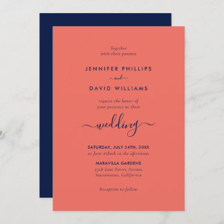 Modern Script Navy Blue and Coral Wedding Invitation