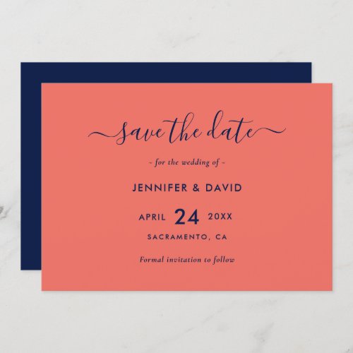 Modern Script Navy Blue and Coral Wedding Save The Date