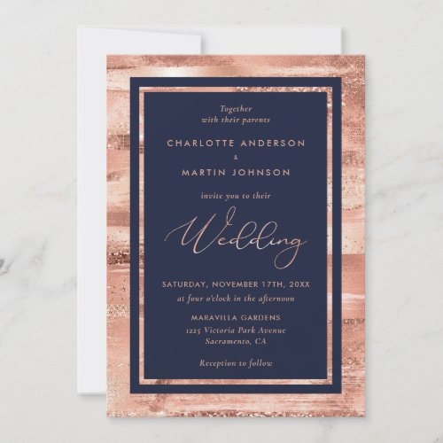 Modern Script Navy Blue and Rose Gold Wedding Invitation