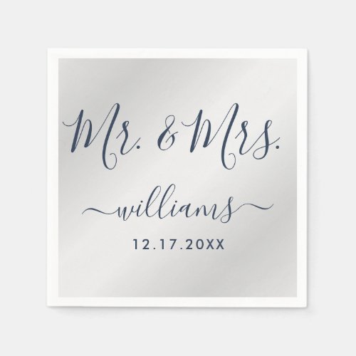 Modern Script Navy Blue and Silver Mr and Mrs Napkins