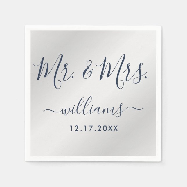 Modern Script Navy Blue and Silver Mr. and Mrs. Napkins (Front)