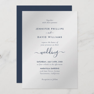 Modern Script Navy Blue and Silver Wedding Invitation