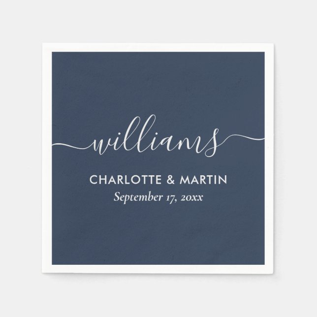 Modern Script Navy Blue and Silver Wedding Napkins (Front)