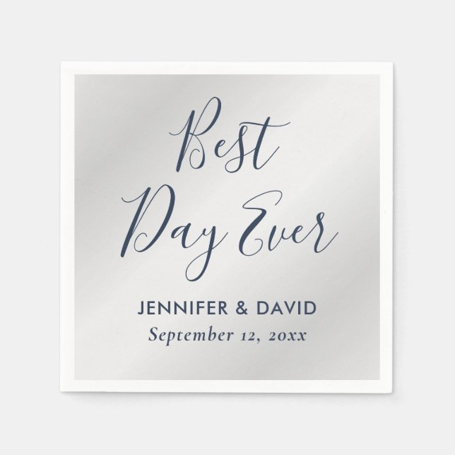 Modern Script Navy Blue and Silver Wedding Napkins (Front)