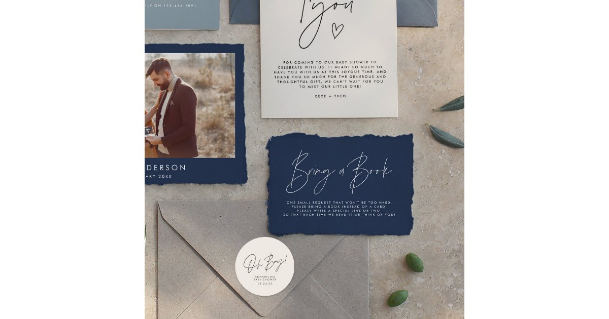 Modern script navy blue baby shower bring a book note card | Zazzle