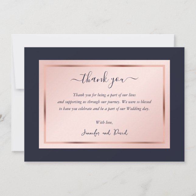 Modern Script Navy Blue Blush Rose Gold Thank You Card (Front)