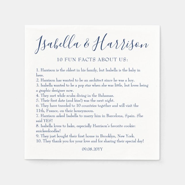 Modern Script Navy Blue Fun Facts Wedding Napkins (Front)