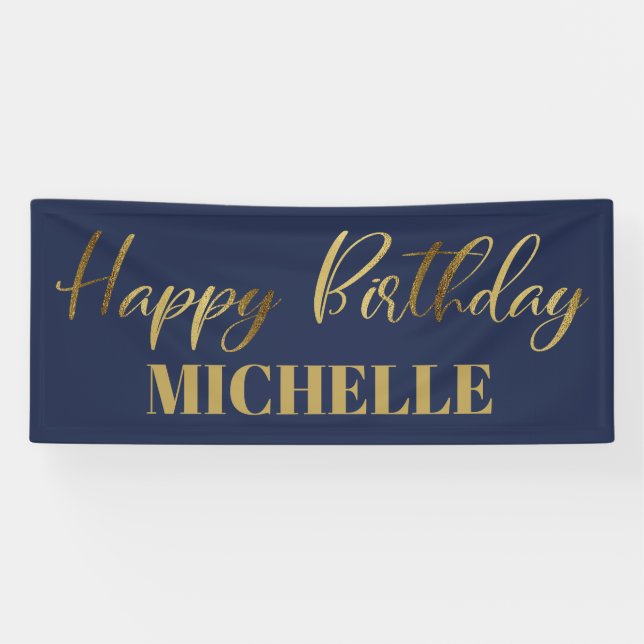 Modern Script Navy Blue Gold Happy Birthday Banner (Horizontal)