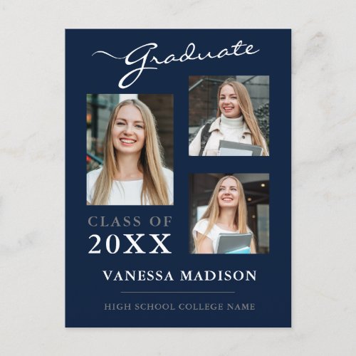 Modern Script Navy Blue Graduate Announcement Postcard