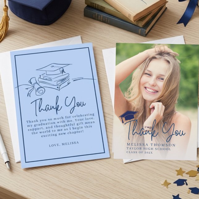 Modern Script Navy Blue Graduation Photo Thank You Card (Creator Uploaded)