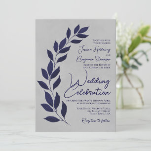 Modern Script Navy Blue Leaves on Gray Wedding Invitation