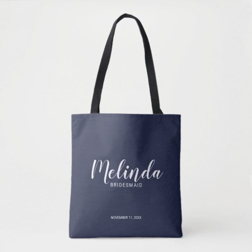 Modern Script Navy Blue Personalized Bridesmaids Tote Bag