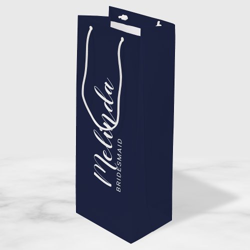 Modern Script Navy Blue Personalized Bridesmaids Wine Gift Bag