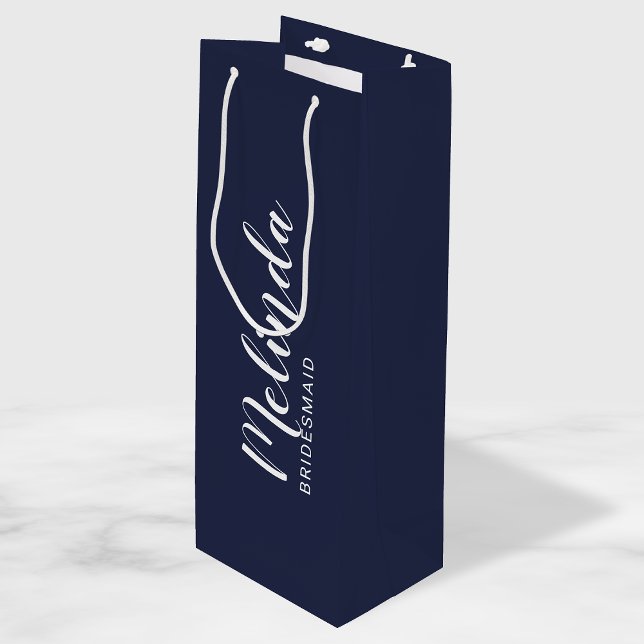 Modern Script Navy Blue Personalized Bridesmaids Wine Gift Bag (Creator Uploaded)