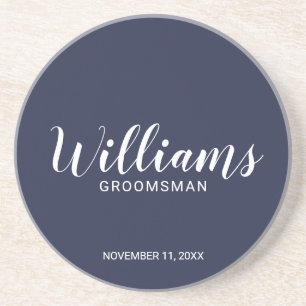 Modern Script Navy Blue Personalized Groomsman Coaster