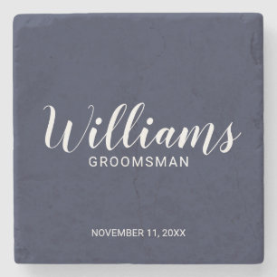 Modern Script Navy Blue Personalized Groomsman Stone Coaster