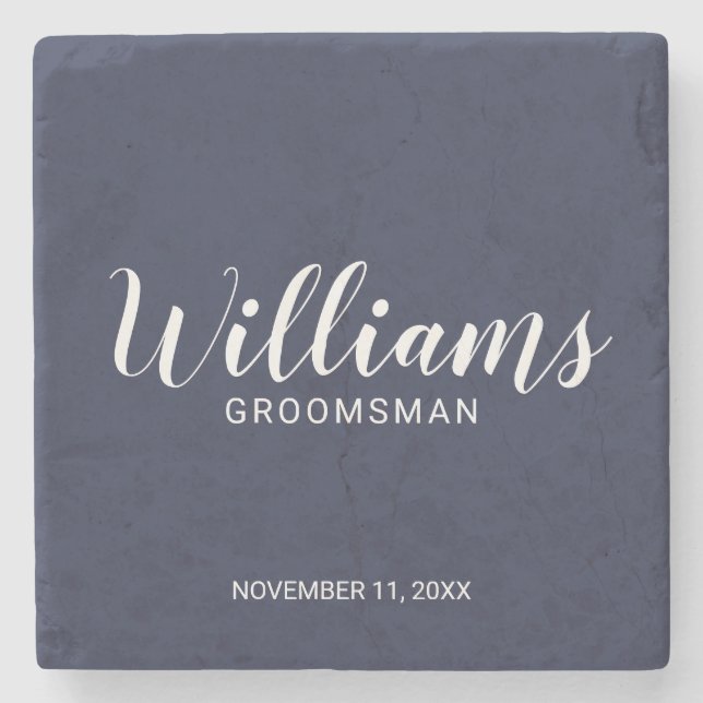 Modern Script Navy Blue Personalized Groomsman Stone Coaster (Front)