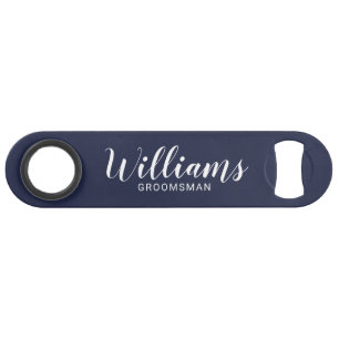 Modern Script Navy Blue Personalized Groomsmen Bar Key