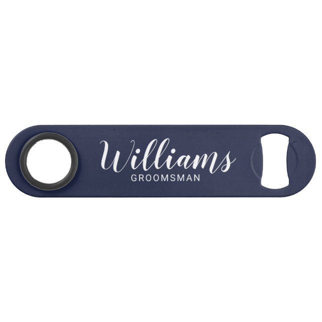 Modern Script Navy Blue Personalized Groomsmen Bar Key (Front (Horizontal))