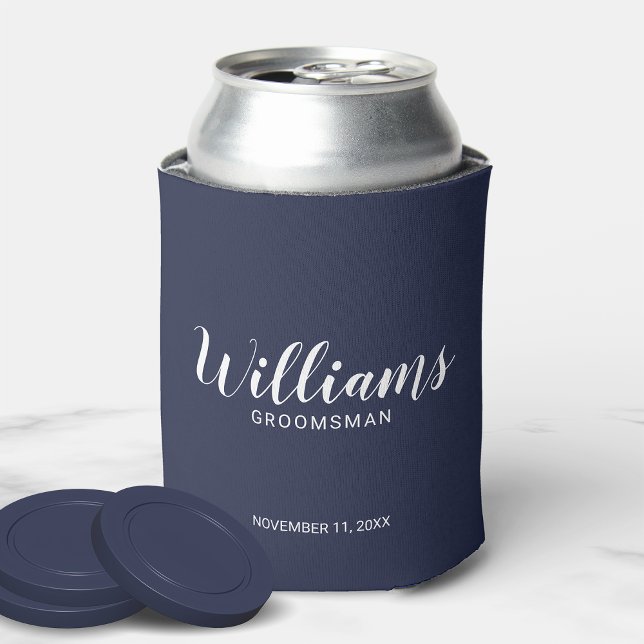 Modern Script Navy Blue Personalized Groomsmen Can Cooler (Creator Uploaded)