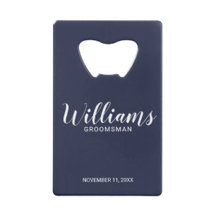 Modern Script Navy Blue Personalized Groomsmen Credit Card Bottle Opener