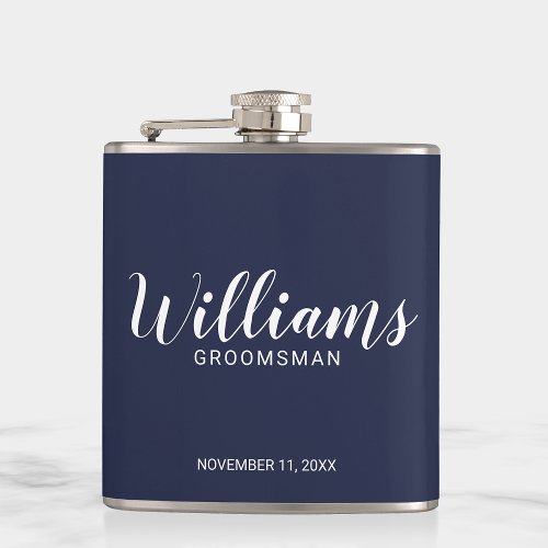 Modern Script Navy Blue Personalized Groomsmen Flask