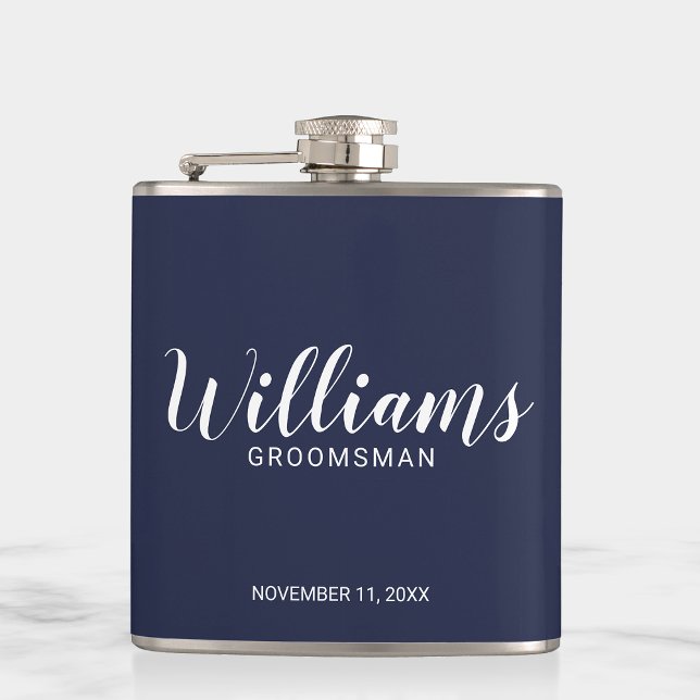 Modern Script Navy Blue Personalized Groomsmen Flask (Creator Uploaded)