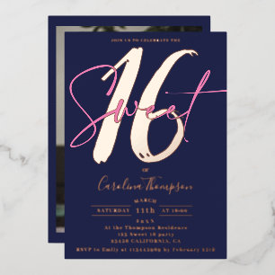 Modern script navy blue photo Sweet 16 rose gold Foil Invitation