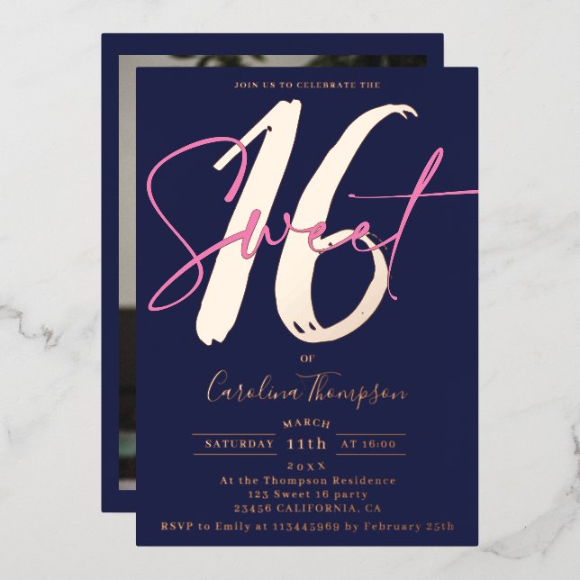 Modern script navy blue photo Sweet 16 rose gold Foil Invitation (Front/Back)