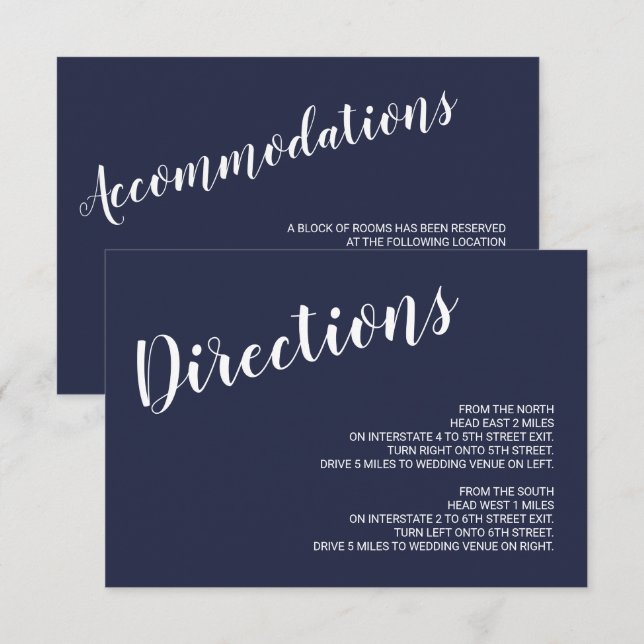 Modern Script Navy Blue Wedding Details Invitation (Front/Back)