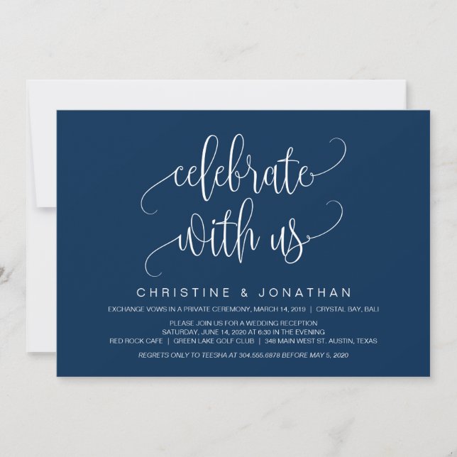 Modern Script, Navy Blue, Wedding Elopement Invitation (Front)