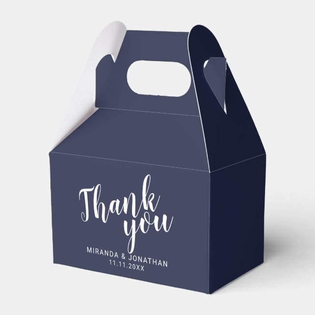Modern Script Navy Blue Wedding Favor Boxes (Front Side)