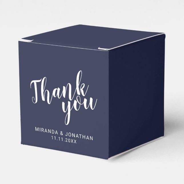 Modern Script Navy Blue Wedding Favor Boxes (Front Side)