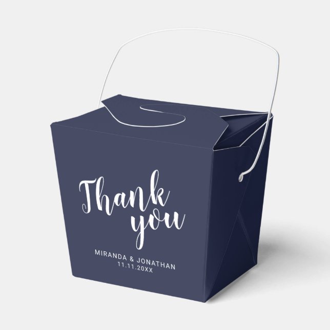 Modern Script Navy Blue Wedding Favor Boxes (Front Side)