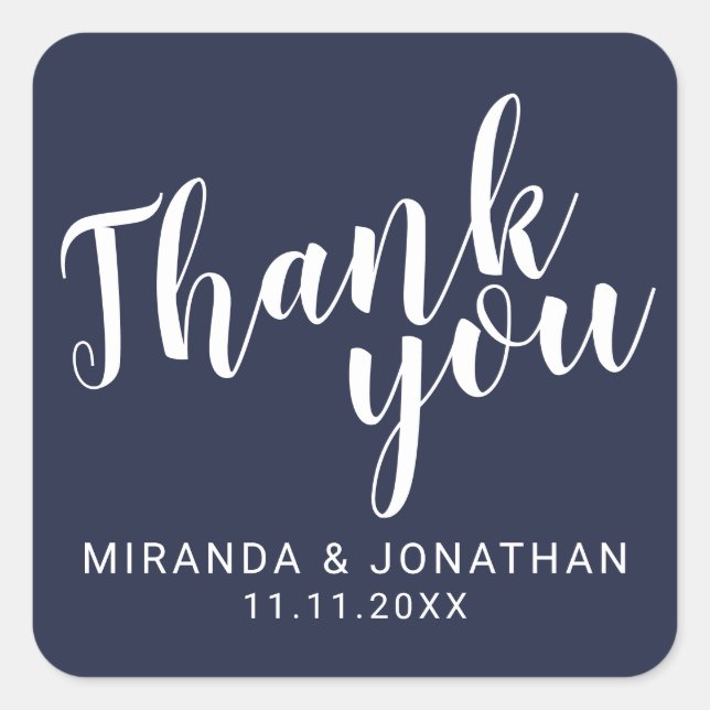 Modern Script Navy Blue Wedding Favor Thank You Square Sticker (Front)