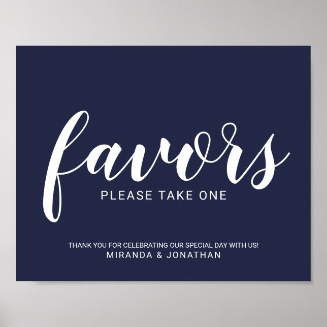 Modern Script Navy Blue Wedding Favors Sign (Front)