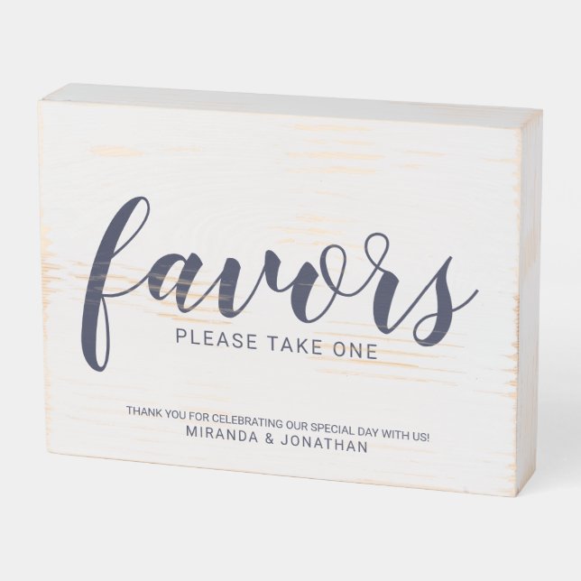 Modern Script Navy Blue Wedding Favors Sign (Angled Horizontal)