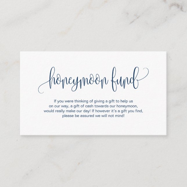 Modern script, Navy Blue, Wedding Honeymoon Fund Enclosure Card (Front)