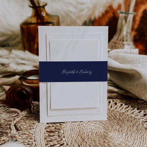 Modern Script Navy Blue Wedding Invitation Belly Band