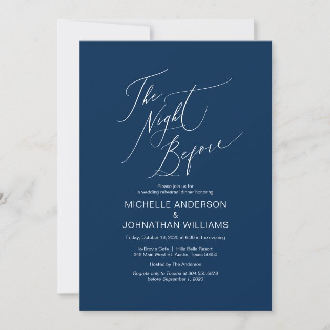 Modern Script, Navy Blue, Wedding Rehearsal Dinner Invitation (Front)