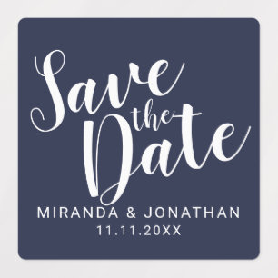 Modern Script Navy Blue Wedding Save the Date Labels