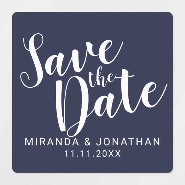 Modern Script Navy Blue Wedding Save the Date Labels (Design 1)
