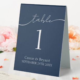 Modern Script Navy Blue Wedding Table Number Tent